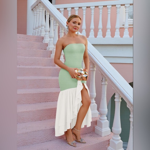 ZESICA Strapless Ribbed Maxi Dress High Slit Mermaid Sage Size Small New - Picture 5 of 8